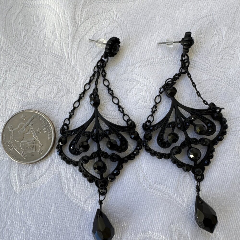 Sequin Brand Earrings Teardrop Dangle Bohemian Black Whimsigoth Beaded 3.5" NEW